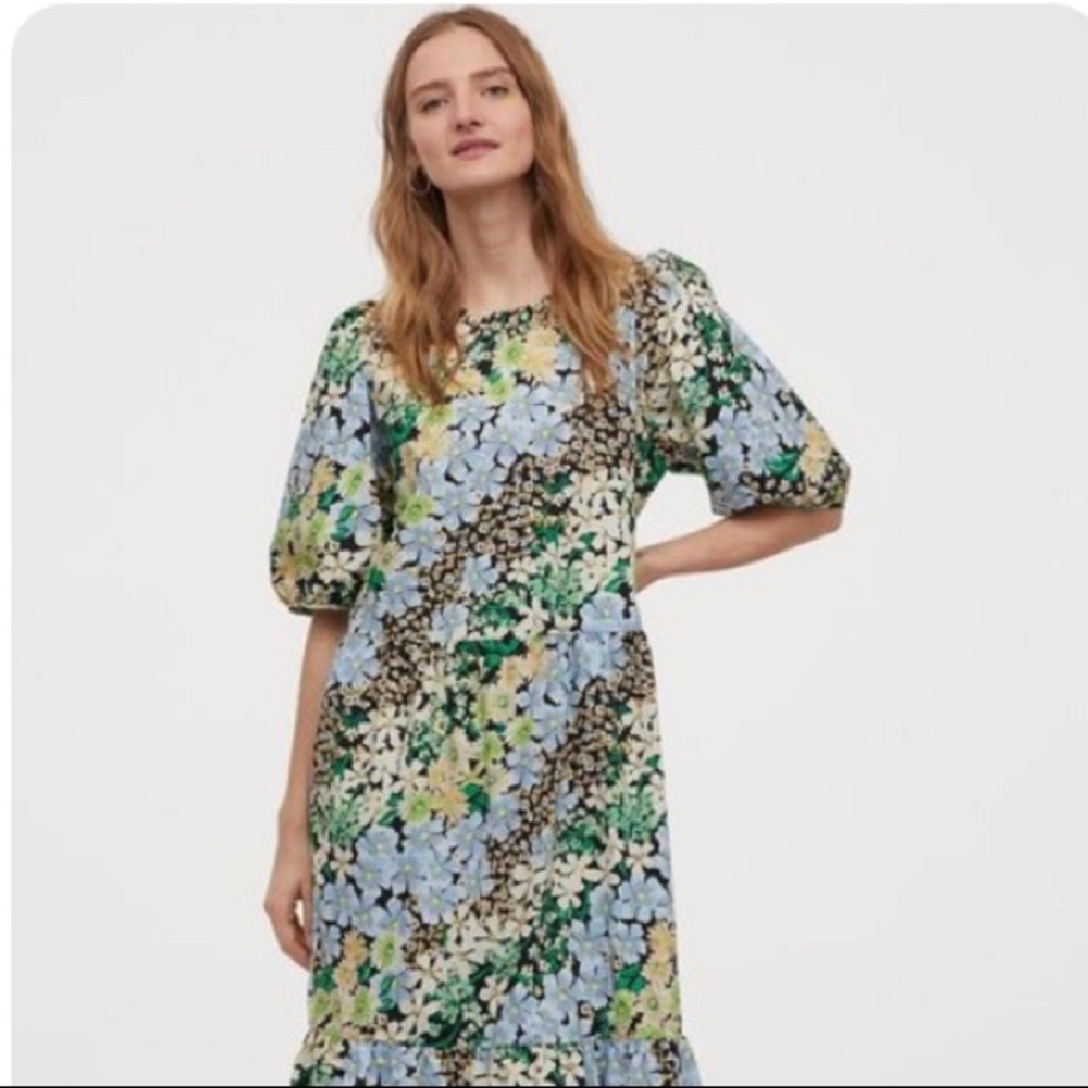 NWT Boho Floral Puff-sleeved Midi Dress sz L